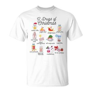 Camiseta con 12 medicamentos navideños para enfermeras, farmacéuticos y técnicos de farmacia - Product Image 1