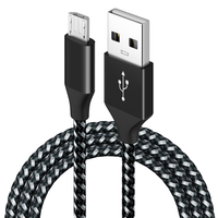 Kabel Pengisian Daya USB 2.0 Micro USB 3ft 6ft Anyaman Nilon Hitam, Pengisian Cepat PVC untuk Jam Tangan Pintar, Jalinan Logam Paduan Aluminium