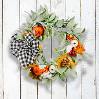 Couronne d'automne pour Halloween et Thanksgiving, avec citrouille, fruits à coque et verdure, en PVC/Polyester, 45cm x 30cm x 10cm, nœud floral, taille et logo personnalisables
