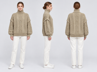 Pull Col Roulé Femme Tricoté Câblé OEM ODM, Manches Évasées Oversize, Motif Tressé, Épais et Chaud, Conception Personnalisable – Vente en Gros