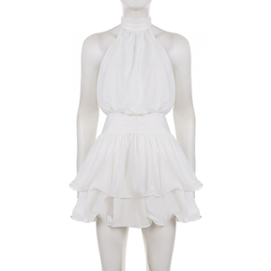 Backless Puffy Tiered Mini Dress Halter Top <b>Tie</b> Waist A Line Cake Ruffle French Socialite Cute Girl - Product Image 6