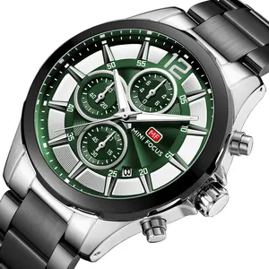 迷你调焦 MF0237G 顶级月品牌绿色男士石英腕表服饰钢带夜光计时表日期显示运动腕表