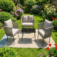 Ensemble de salle à manger d'extérieur contemporain 4 pièces en rotin tressé, résistant aux intempéries, avec coussins imperméables en corde grise, mobilier d'extérieur d'appoint