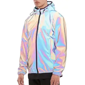 เสื้อแจ็คเก็ตกันลมมีฮู้ดสำหรับผู้ชาย,เสื้อกันลมมีซิปสะท้อนแสงสีรุ้งดีไซน์ล่าสุดปี2020