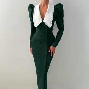 Abito da donna elegante a maniche lunghe T-1134 verde scuro, slim fit, a vita alta, formale da ufficio, primavera 2026, nuovo modello doppiopetto - Product Image 2