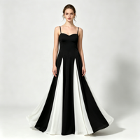 Robe longue maxi pour femme à bretelles spaghetti, color block, col bateau, avec empiècements, coupe évasée, en maille, pour soirée, banquet et événements.