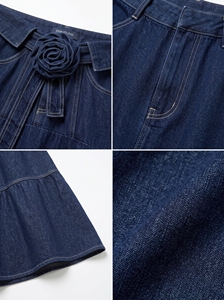 <span class=keywords><strong>Jupe</strong></span> longue en <span class=keywords><strong>jean</strong></span> mi-longue pour femme, taille haute, coupe trapèze, à volants, avec ceinture à rosettes, personnalisable avec logo OEM/ODM, marque privée, vente en gros - Anjie - Product Image 2