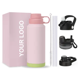 Customized 12oz 18oz 32oz Wide Mouth Double Wall Sports Bottle Vacuum Insulated Stainless Steel Water Bottle With Straw Lid