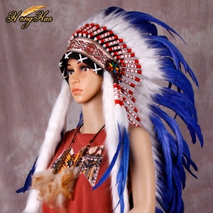 Grosir Aksesori kostum karnaval Halloween hiasan kepala bulu angsa bermotif warna mahkota ikat kepala India biru Royal - Product Image 3