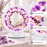 Lampe Arbre à Monnaie en Cristal Naturel USB, Lumière de Table Ronde LED 3 Couleurs, Quartz Rose, Fluorite, Citrine