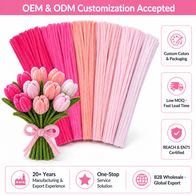 Wholesale Pink Pipe Cleaners Chenille Stems Bulk Flower Making Kit Tulip Bouquet DIY Craft Supplies OEM Valentine Christmas