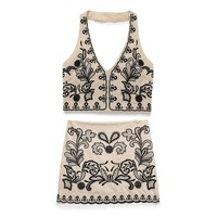 Top à col licou pour femme, jupe de kilt brodée, gilet léger, deux pièces, jupe de mode de style de rue pour femmes