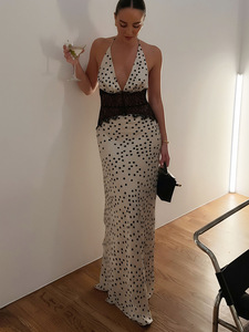 Abito da sera lungo elegante da donna 2026 di lusso, sexy, con scollo <span class=keywords><strong>a</strong></span> V, <span class=keywords><strong>a</strong></span> <span class=keywords><strong>pois</strong></span>, con allacciatura al collo, senza schienale, patchwork in pizzo - Product Image 4