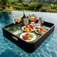 Plateau flottant rectangulaire de luxe pour hôtel, villa, bord de piscine, petit-déjeuner et goûter, en osier tressé à la main, forme de bateau, table en rotin