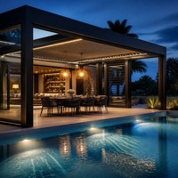 Pergola à toit à lames orientables électriques, capteur de pluie, LED intelligentes, aluminium, restaurant commercial, OEM