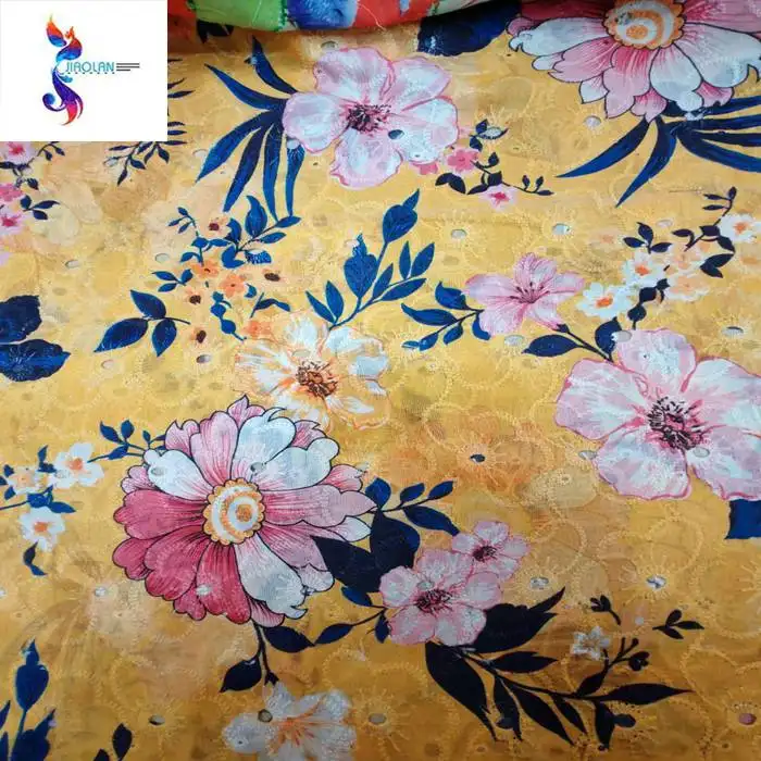 Hot selling product cotton embroidery fabric wholesale printed punch embroidery fabric stocklot embroidered cotton fabric