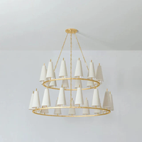 Lustre suspendu moderne à 2 niveaux en laiton pour hôtel, restaurant, maison, avec abat-jour en tissu rond doré