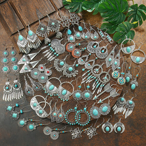 Juego de Pendientes Geométricos Bohemios, Aleación Plateada Antigua con Turquesa, Joyería para Mujer para Fiestas - Product Image 1