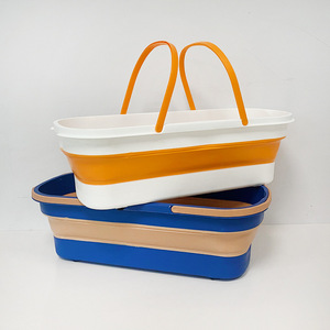 Folding Mop Bucket Silicone Drain Basin Rectangular Portable Hand Held Car Wash Cleaning Bucket Orange And Blue - Product Image 2