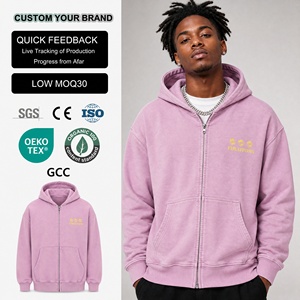 Hoodie personnalisé 600 GSM, coupe ample et carrée, double tissu, fermeture éclair, délavage acide, effet vieilli, 100% coton, écologique - Product Image 1