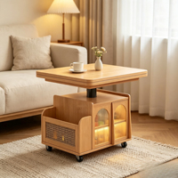 Table basse pliante moderne en bois massif à hauteur réglable / Chariot de rangement mobile pour appartement compact / Table basse