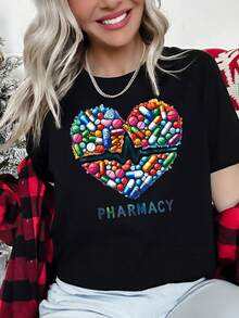 T-shirt da donna a tema farmacia con motivo a capsula a cuore, girocollo, manica corta, casual, per tutte le stagioni, 100% cotone jersey stampato - Product Image 3