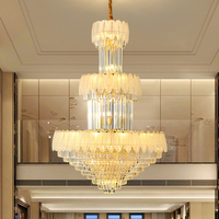 Lustre de villa à deux étages à hauteur réglable personnalisé, abat-jour en cristal, finition dorée LED, garantie de 5 ans pour salon duplex