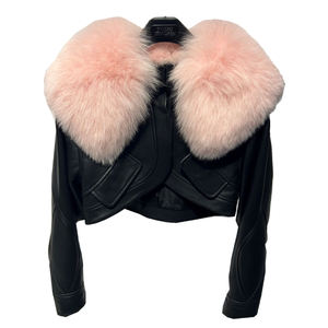 Chaqueta negra de cuero con piel de zorro real chaqueta de cuello de piel rosa chaqueta de cuero recortada para mujer - Product Image 1