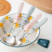 Cartoon schattig konijnen keramiek handvat metalen lepel en vork set voor kinder desserts