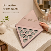 Boîte d'emballage cosmétique triangulaire à affichage ouvert avec compartiments organisés, personnalisable OEM pour fards à paupières et fond de teint