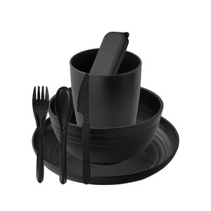Black 28-Piece Tableware <b>Set</b> With Bowl Plate <b>Cup</b> Cutlery Portable For Picnic Outdoor Use - Product Image 3