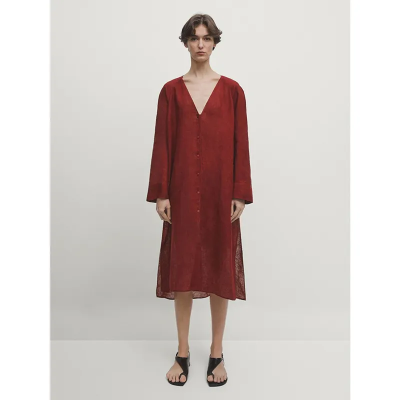 Vestiti di lino stile francese minimalista marrone atmosfera ampia a scollo a V lungo abbigliamento da donna in lino nuovo abaya