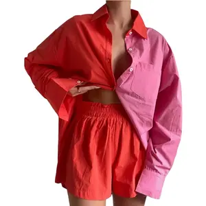 女式两件套红色粉色两色组合棉衬衫和短裤套装，适合职业和派对