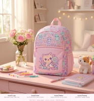 Mochila Escolar Primaria Personalizada de Fábrica con Estampado de Gato Kawaii y Caramelos para Niñas, Color Rosa, Linda, Ligera, con Logotipo OEM y Embalaje