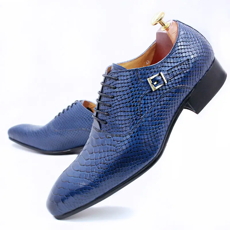 Classique mode usine prix hommes formel oxford chaussures en cuir peau de serpent imprime à lacets boucle décoration robe chaussures hommes