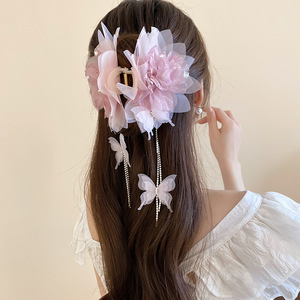 <b>Sweet</b> Mesh <b>Flower</b> Butterfly Tassel Hair Claw For Women Wedding Decorate Accessory - Product Image 1