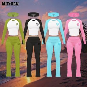 Completi da donna 3 pezzi per ragazze alte, pantaloni svasati, fascia per capelli, logo personalizzato, loungewear estivo 2026, personalizzabile, in morbido cotone ed elastan, OEM - Product Image 1