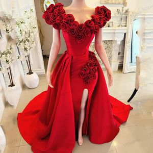 Vestidos de Noche Rojos Aso Ebi 2025, Vestidos de Cumpleaños de Lujo con Flores, Estilo Sirena, Hombros Descubiertos, Abertura Lateral, Vestidos de Noche Formales Personalizados - Product Image 2