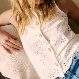 Quantité minimale de commande : Chemise sans manches boutonnée à col rond blanc rétro, chemise en lin respirante personnalisée - Product Image 3