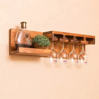 Vente d'usine : Étagère à vin murale couleur noyer, porte-bouteilles et verres en bambou et bois