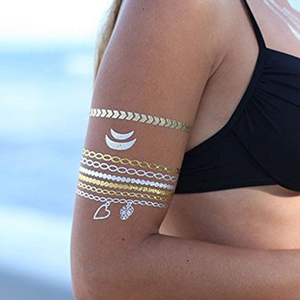 OEM Body Water Transfer temporaneo <span class=keywords><strong>Tatoo</strong></span> Gold Stamping Sticker Metallic Gold Silver <span class=keywords><strong>Flash</strong></span> Tattoo Henna Sticker tatuaggio temporaneo - Product Image 1