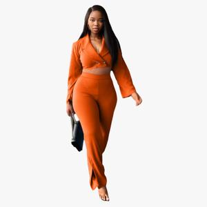 เสื้อครอปคอวีลำลองสีพื้น ชุดเซ็ต 2 ชิ้น กางเกงขายาว แฟชั่นผู้หญิง - Product Image 3