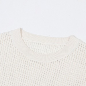 เสื้อสเวตเตอร์ถักไหมพรมคอกลมสีเบจแขนสั้นสำหรับผู้หญิงแบบขายส่งสั่งทำพิเศษ, เสื้อถักลายริบแบบโปร่ง - Product Image 3