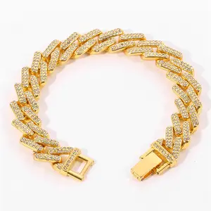 HipHop Men Women 13MM Prong Cuban Link Chain Bracelet Bling Iced Out 2 Row Rhinestone Paved Miami Rhombus Cuban Chain Jewelry