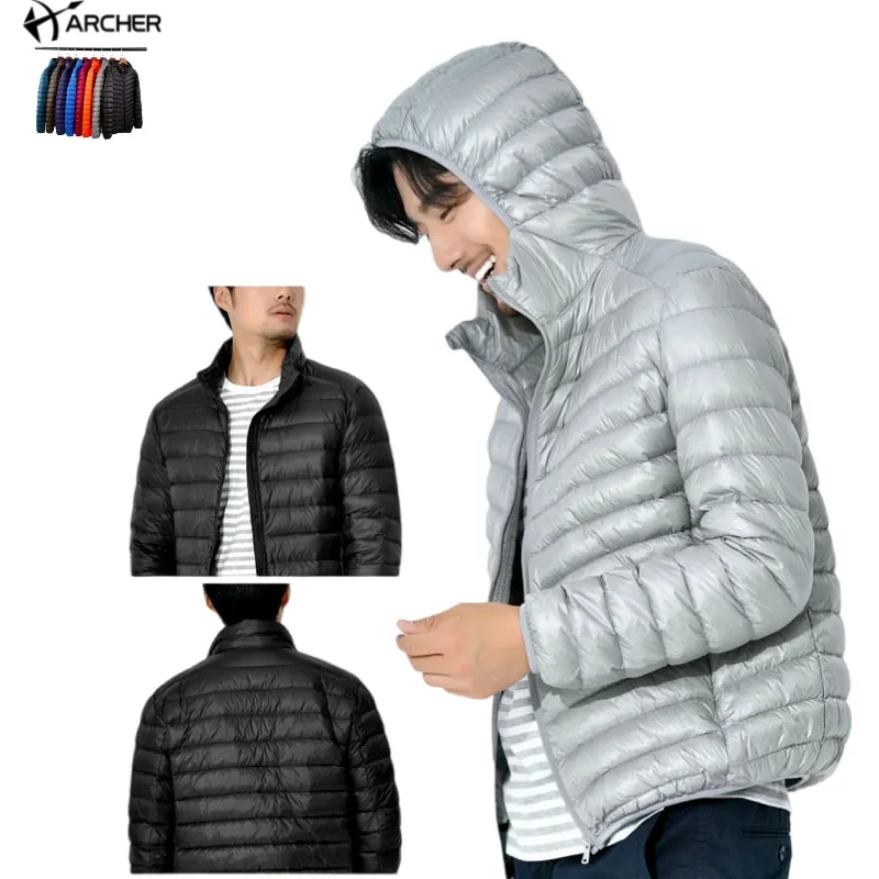 도매 야외 빛 따뜻한 오리 깃털 사용자 정의 로고 나일론 블랙 후드 겨울 버블 퍼프 채워진 다운 호흡기 자켓