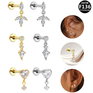 <b>Titanium</b> Plated Heart Shape Zircon Ear Studs For Women Cartilage Piercing Jewelry F136 <b>Titanium</b> Alloy Minimalist Light Luxury - Product Image 1