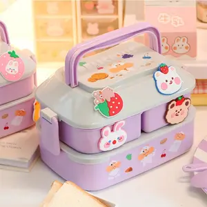 2023 cute bento lunch box double layer lunch box kids school with cutlery