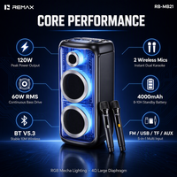 REMAX Enceinte Karaoké Extérieure 120W 60W RMS Double Micros FM/BT/USB/TF/AUX Basses Puissantes Design Méca 4000mAh Portable
