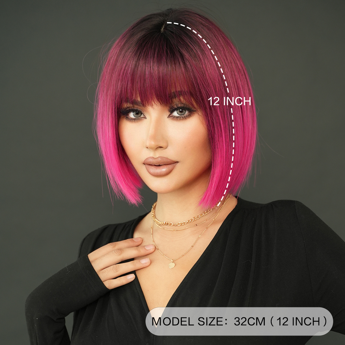 BOB屋 Short Bob Straight Wig with Bangs - Ombre Pink Yaki