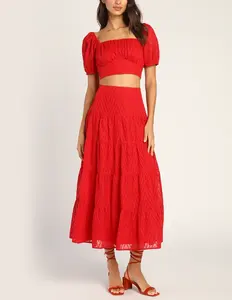 2023定制夏季休闲女性红色提花分层中长裙